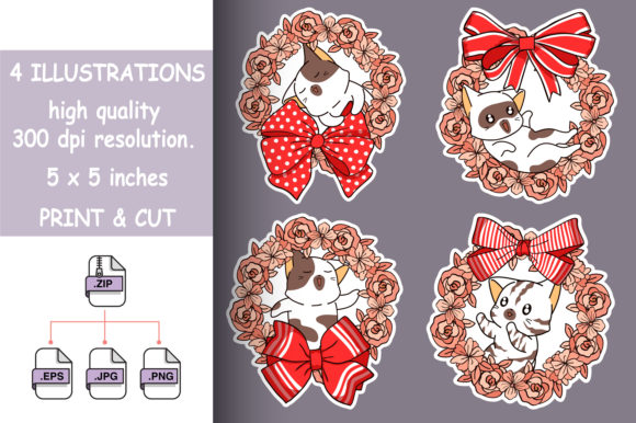 Cat in Floral Wreath Ribbon: A Charming Design for Creative Projects