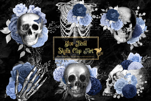 Embrace the Eerie Elegance: Blue Floral Skulls Clipart for Creative Projects