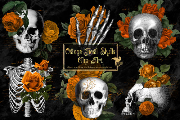 Orange Floral Skulls Clipart for Creative Projects
